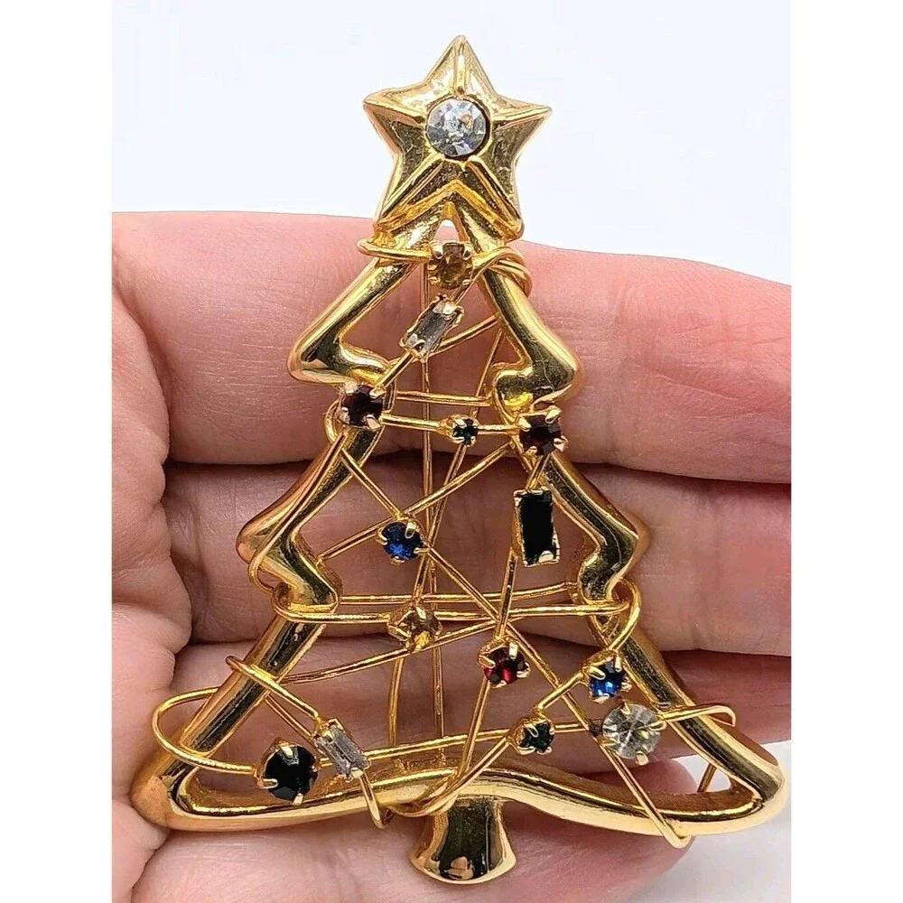 Gold Tone Christmas Tree Multicolor Rhinestone Twisted Wire Brooch Pin